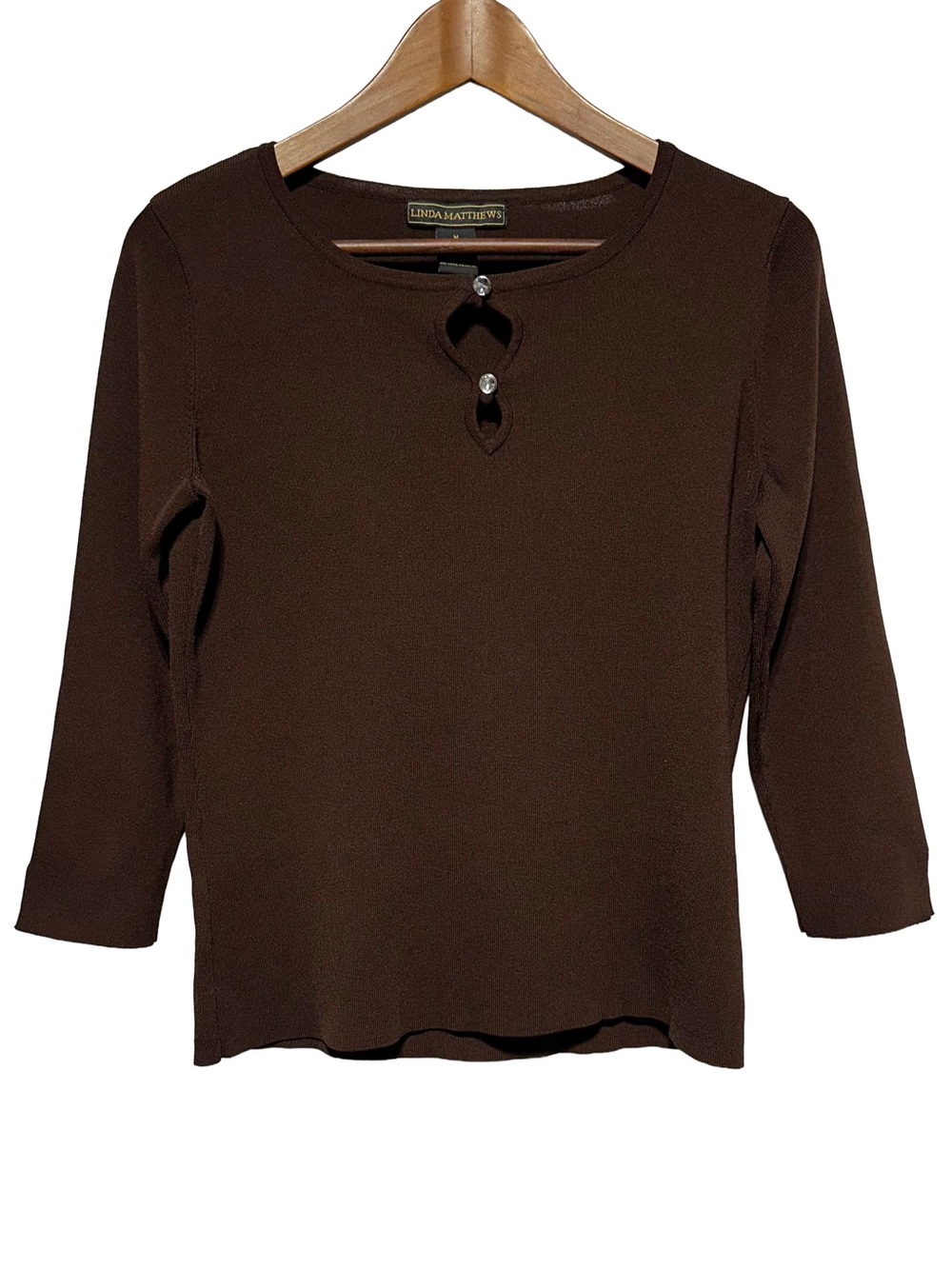 Linda Matthews Chocolate Brown Rhinestone Keyhole Knit Top M